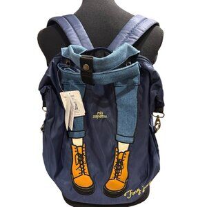 Mis Zapatos Navy Blue Brown Boot Pattern BackPack Day Pack NWT